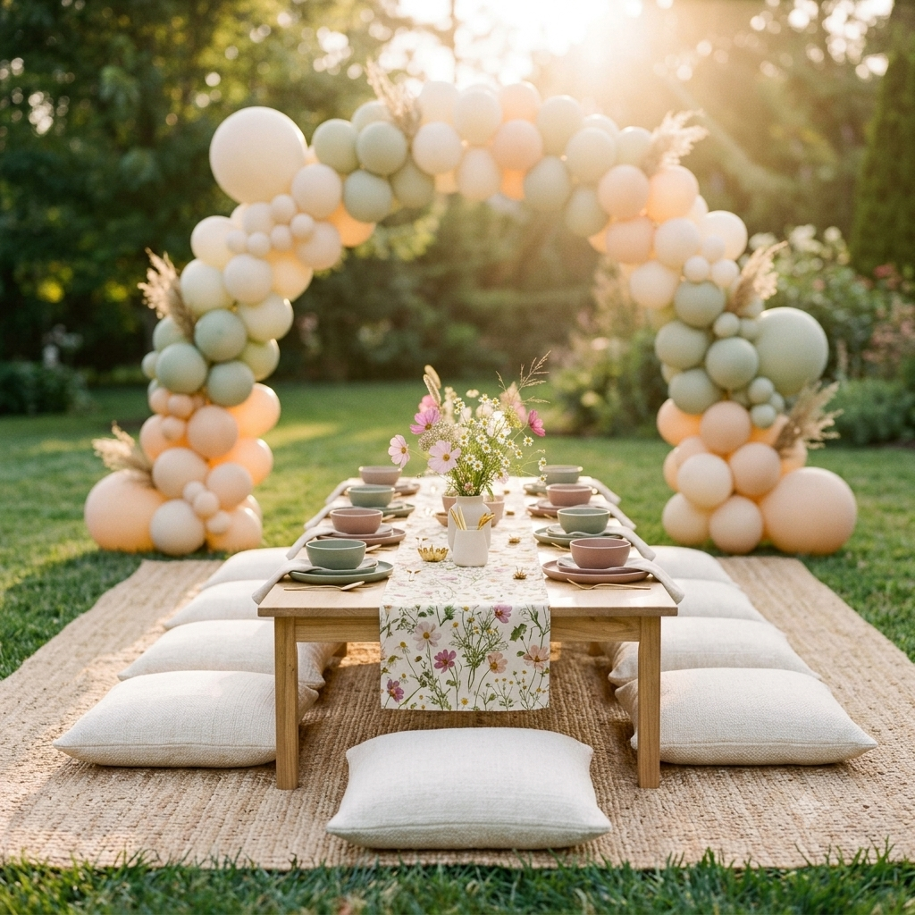 Luca & Lily picnic table styled beneath a sage and peach balloon arch