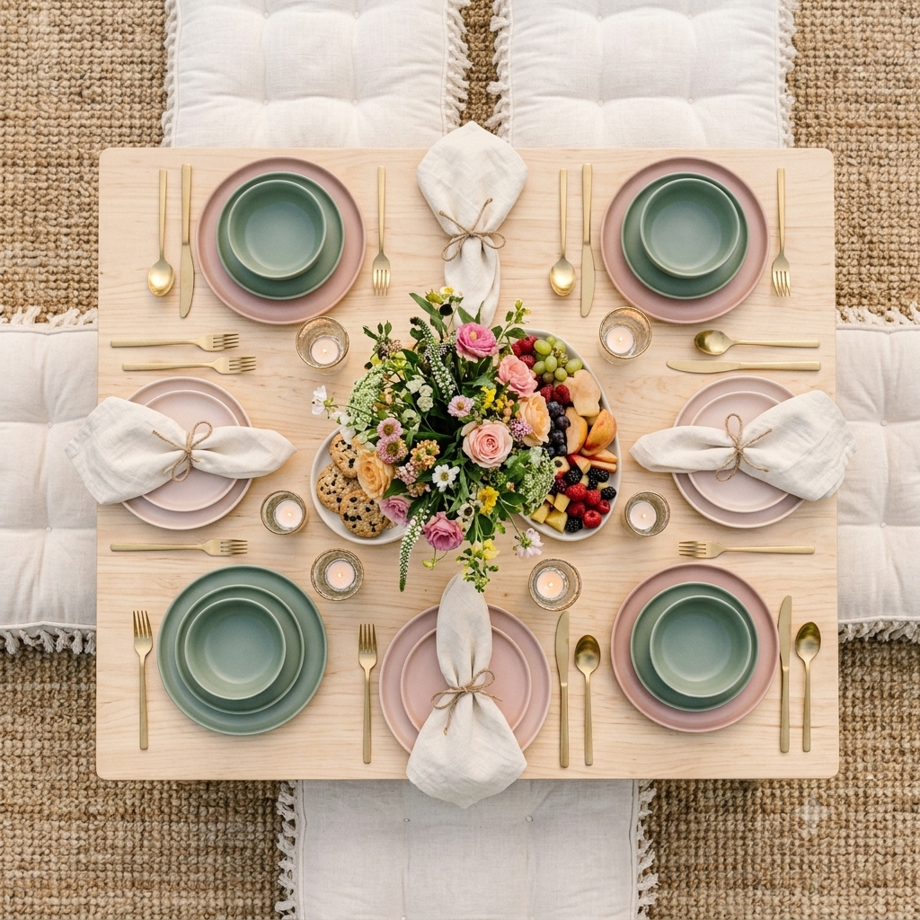 Overhead flat-lay of a fully styled Luca & Lily picnic table setting