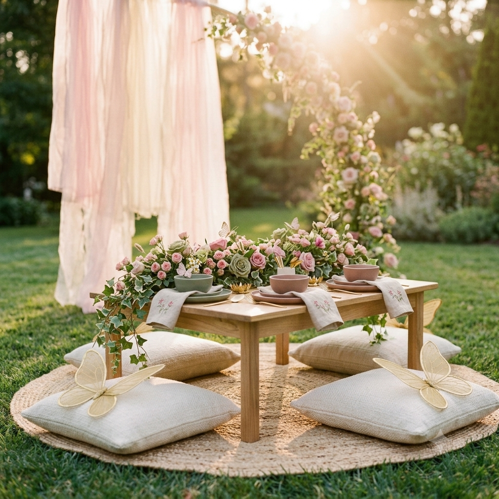 Luca & Lily picnic table styled beneath a floral archway