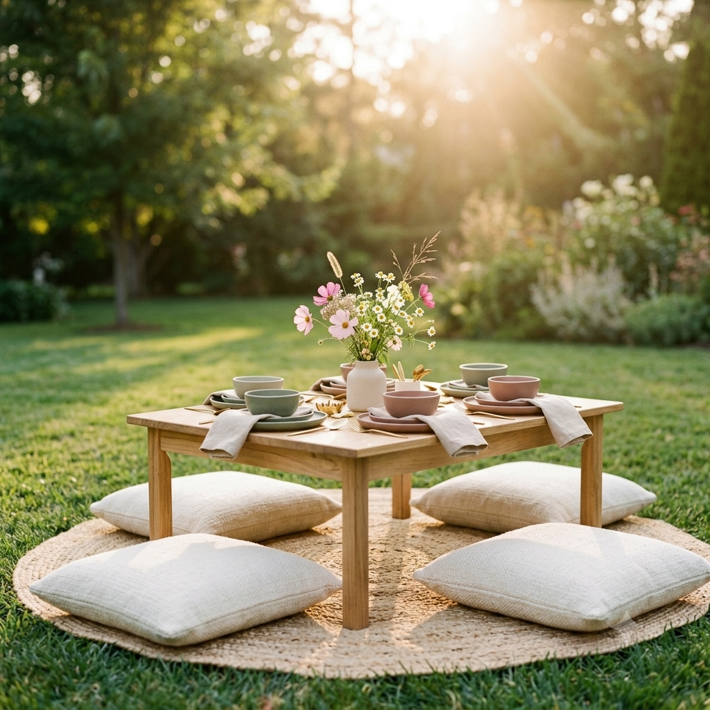 Luca & Lily picnic table styled in a garden setting at golden hour
