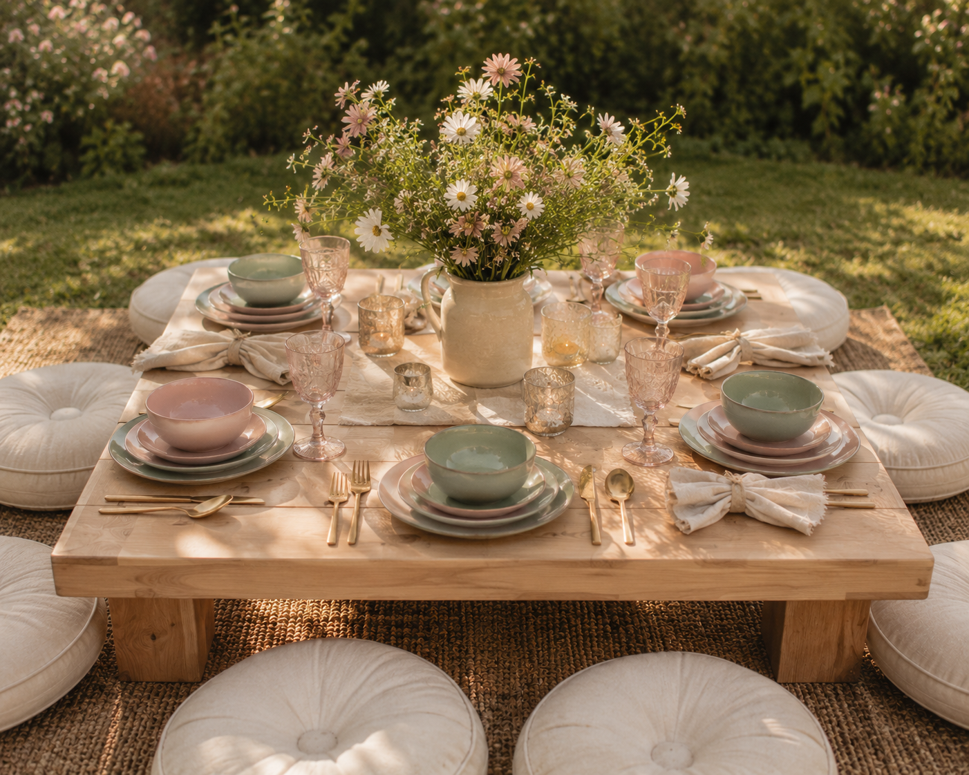 Luca & Lily picnic table set for a celebration in a private garden